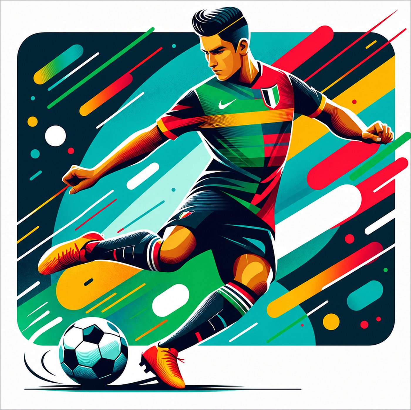 Färgstark illustration av en fotbollsspelare som skjuter ett skott