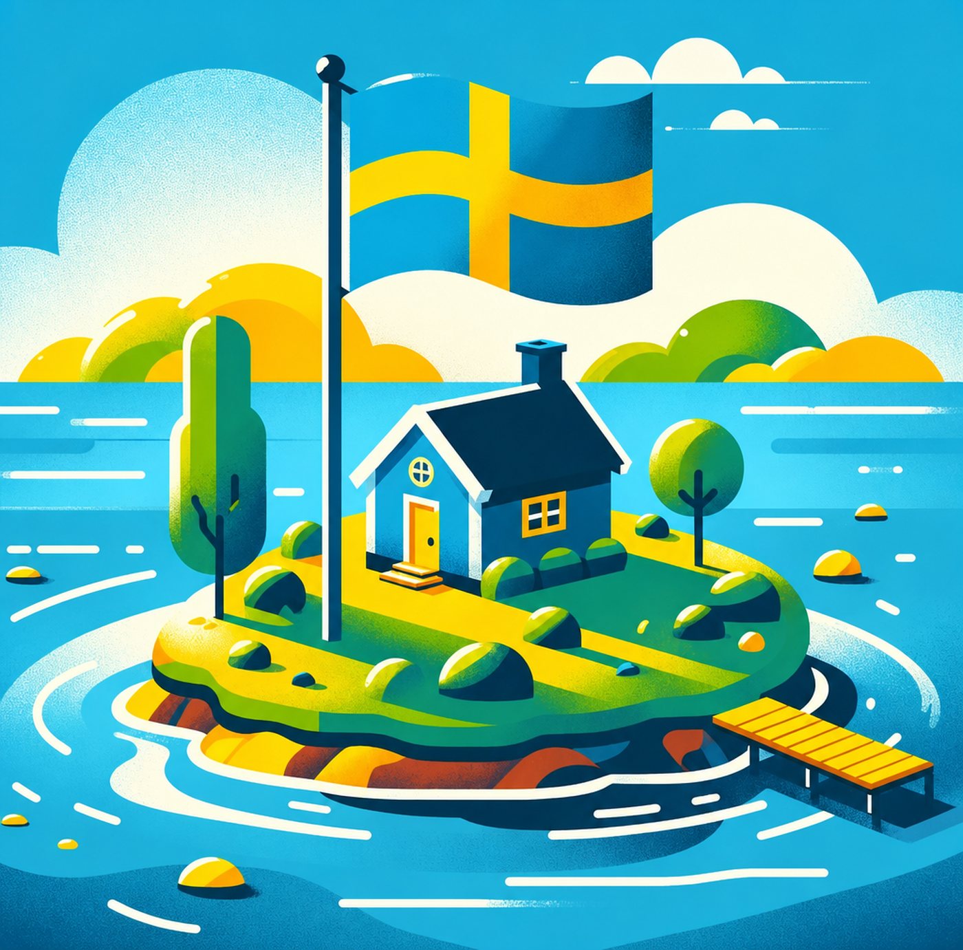 Illustration av liten ö med stuga och svensk flagga i vattnet