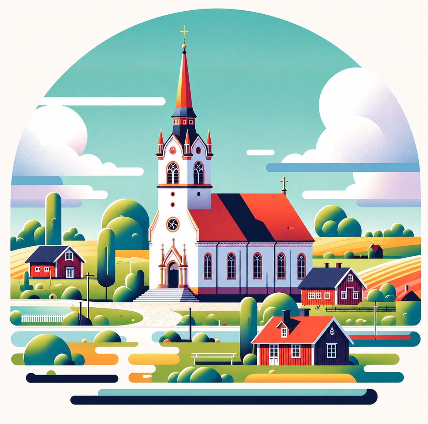 Stiliserad illustration av en vit kyrka omgiven av röda stugor i ett svenskt landskap