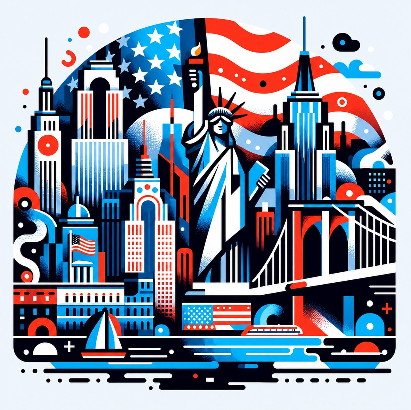 Grafisk illustration av New Yorks skyline med Frihetsgudinnan och amerikanska flaggan