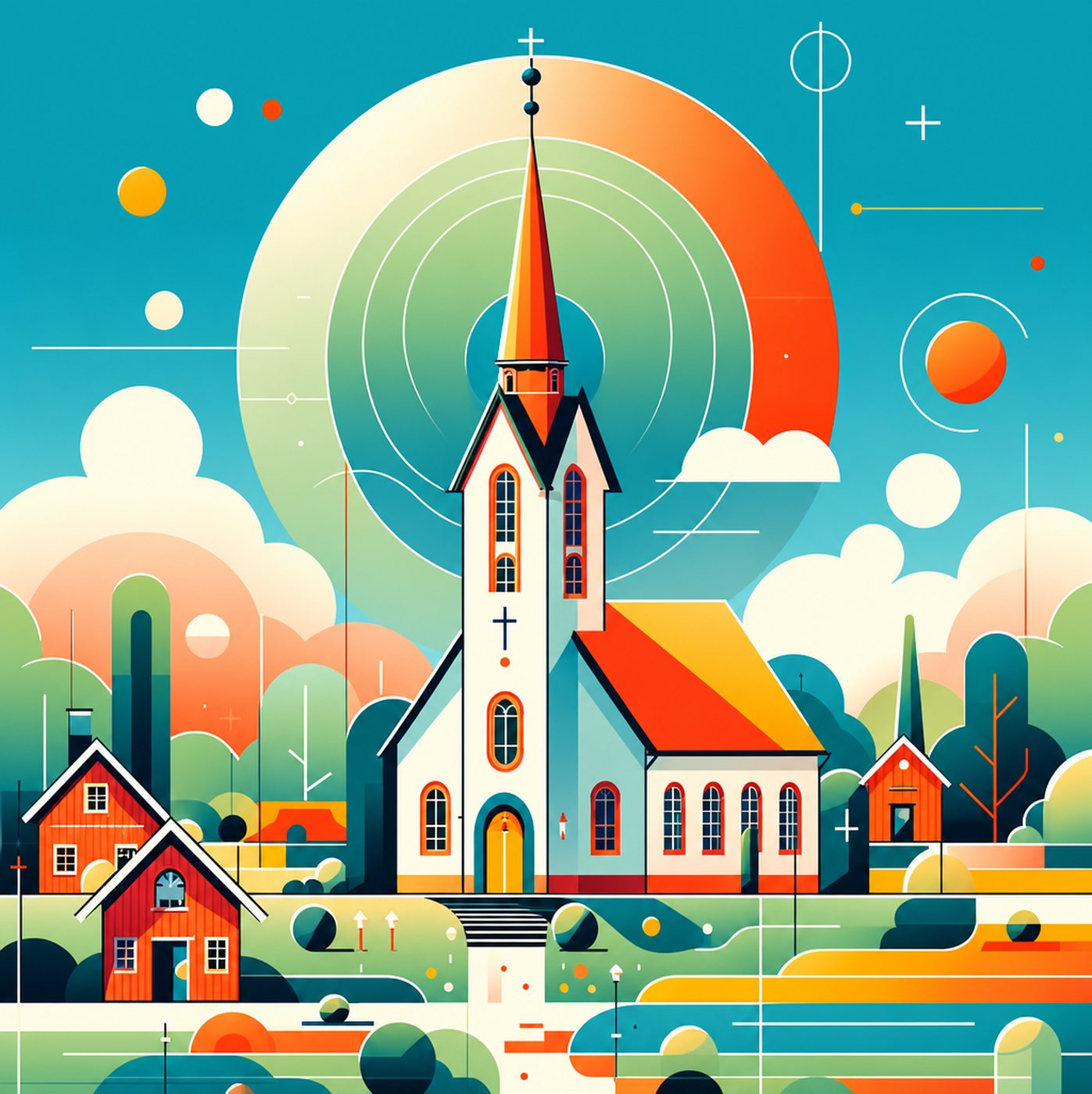 Stiliserad illustration av en vit kyrka med klocktorn omgiven av små röda hus