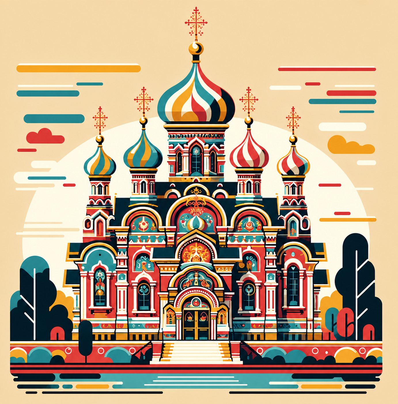 Färgglad illustration av en rysk ortodox kyrka med lökformade kupoler