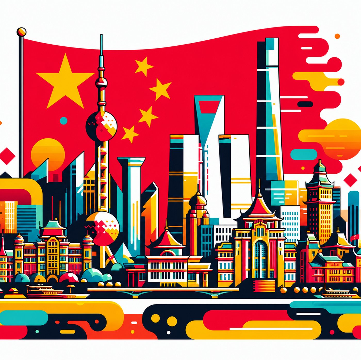 Färgstark illustration av Shanghais skyline med Kinas flagga i bakgrunden
