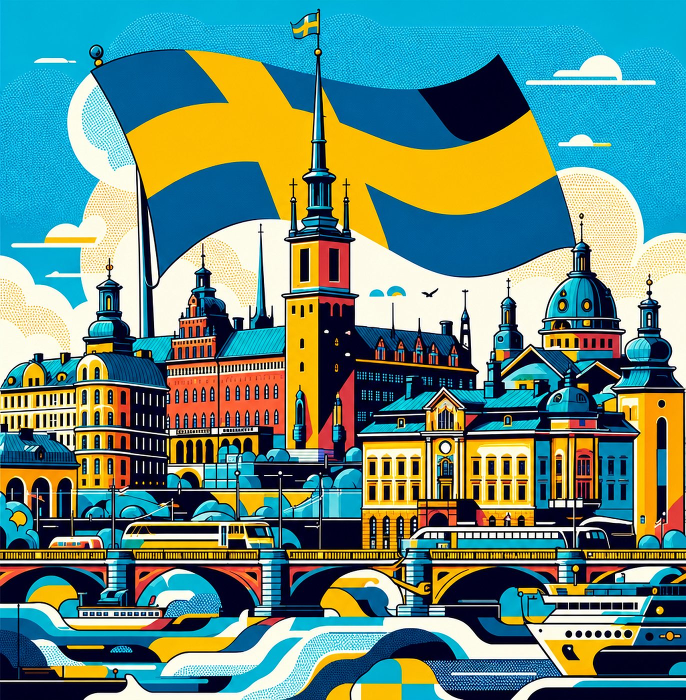 Stiliserad illustration av Stockholms silhuett med en svensk flagga mot blå himmel