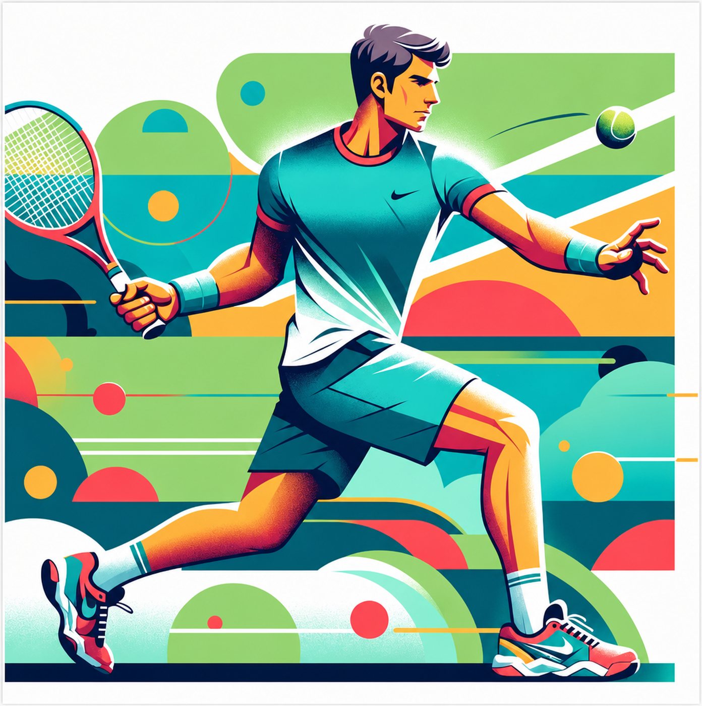 Färgstark illustration av en tennisspelare i rörelse med racket och boll