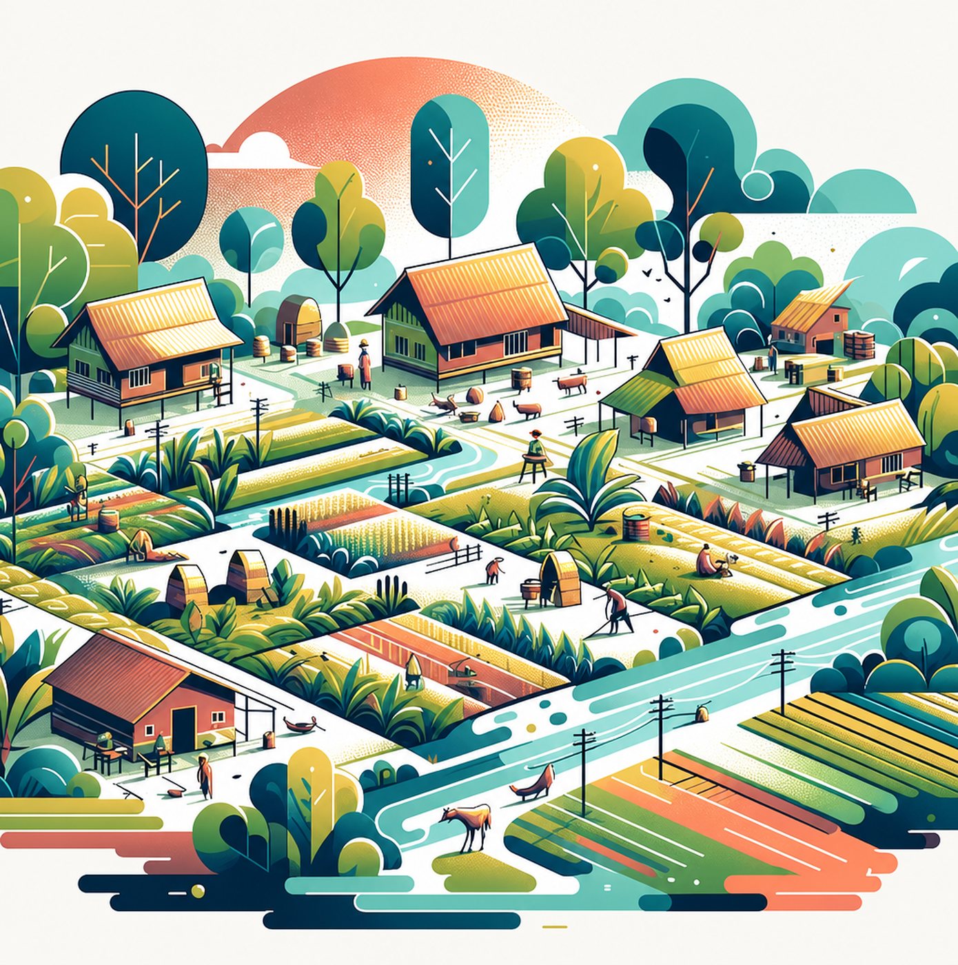 Illustration av en lantlig by med små hus och odlingslotter i ett landskap