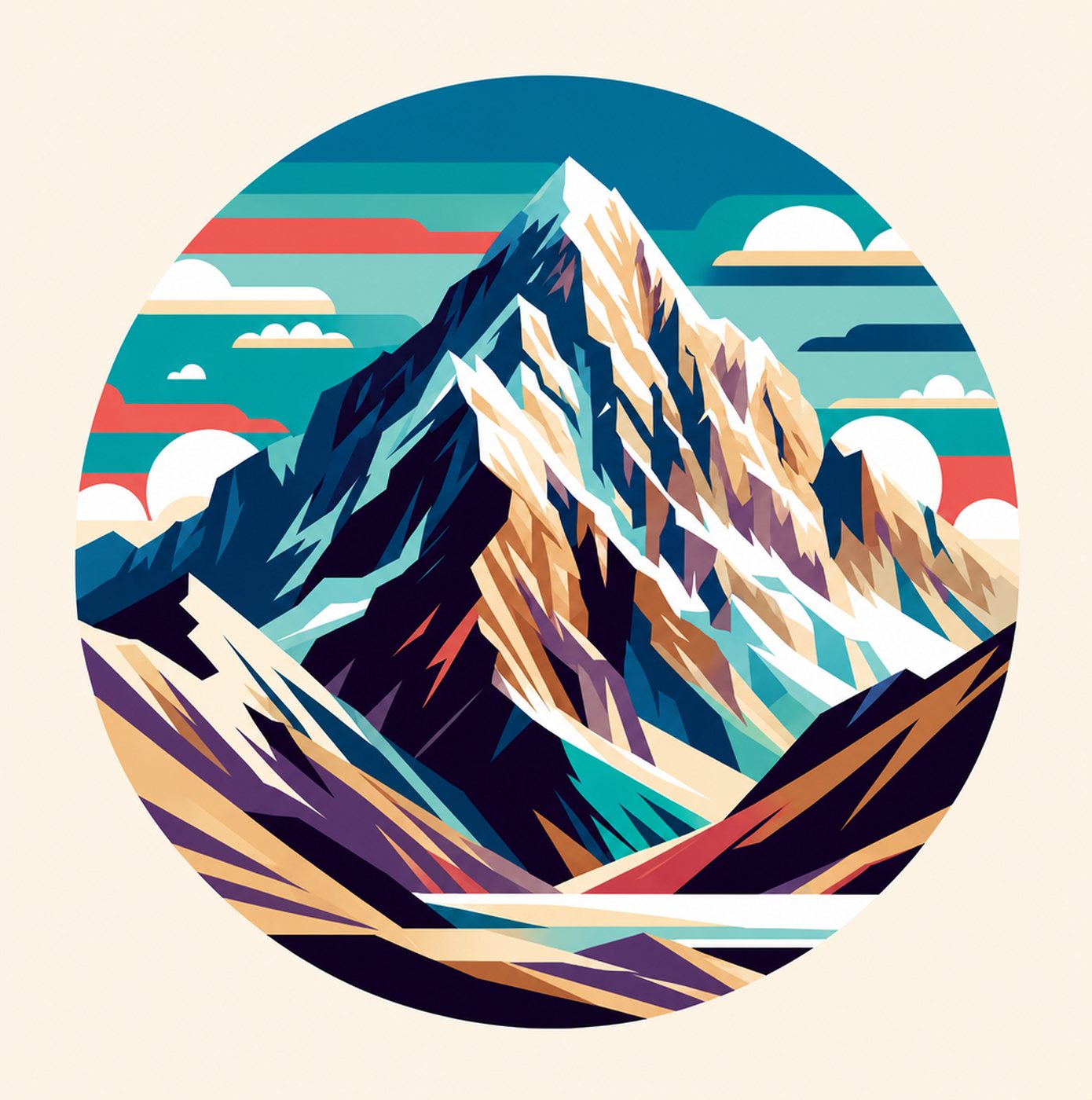 Stiliserad illustration av en snöklädd bergstopp inramad i en cirkel