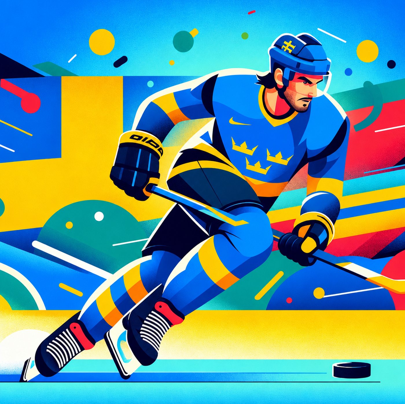 Grafisk illustration av hockeyspelare i blågul landslagströja med tre kronor