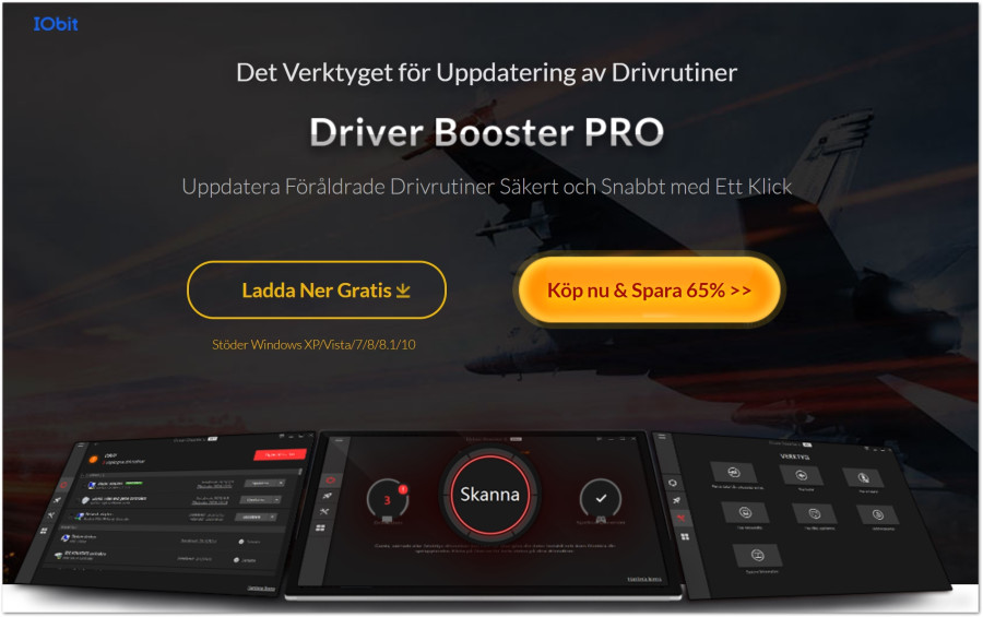 Marknadsföringsbild för programvaran Driver Booster med knappar för nedladdning och köp