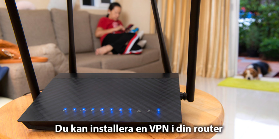 Trådlös router med lysande blå indikatorlampor stående på ett träbord i ett vardagsrum