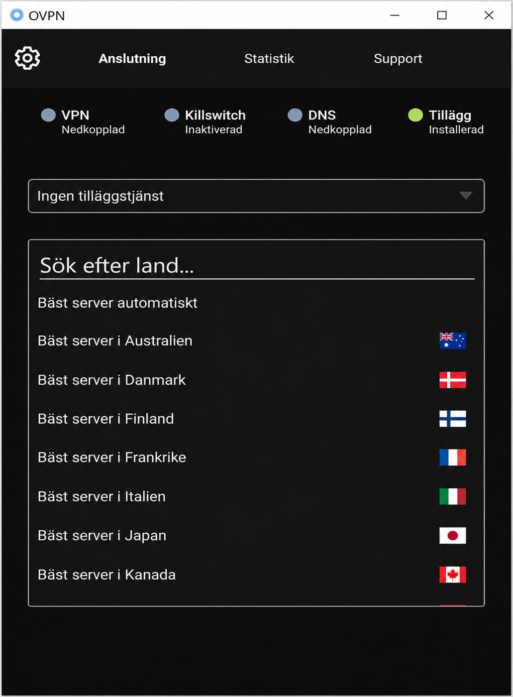Användargränssnitt för VPN-klient med lista över tillgängliga serverländer