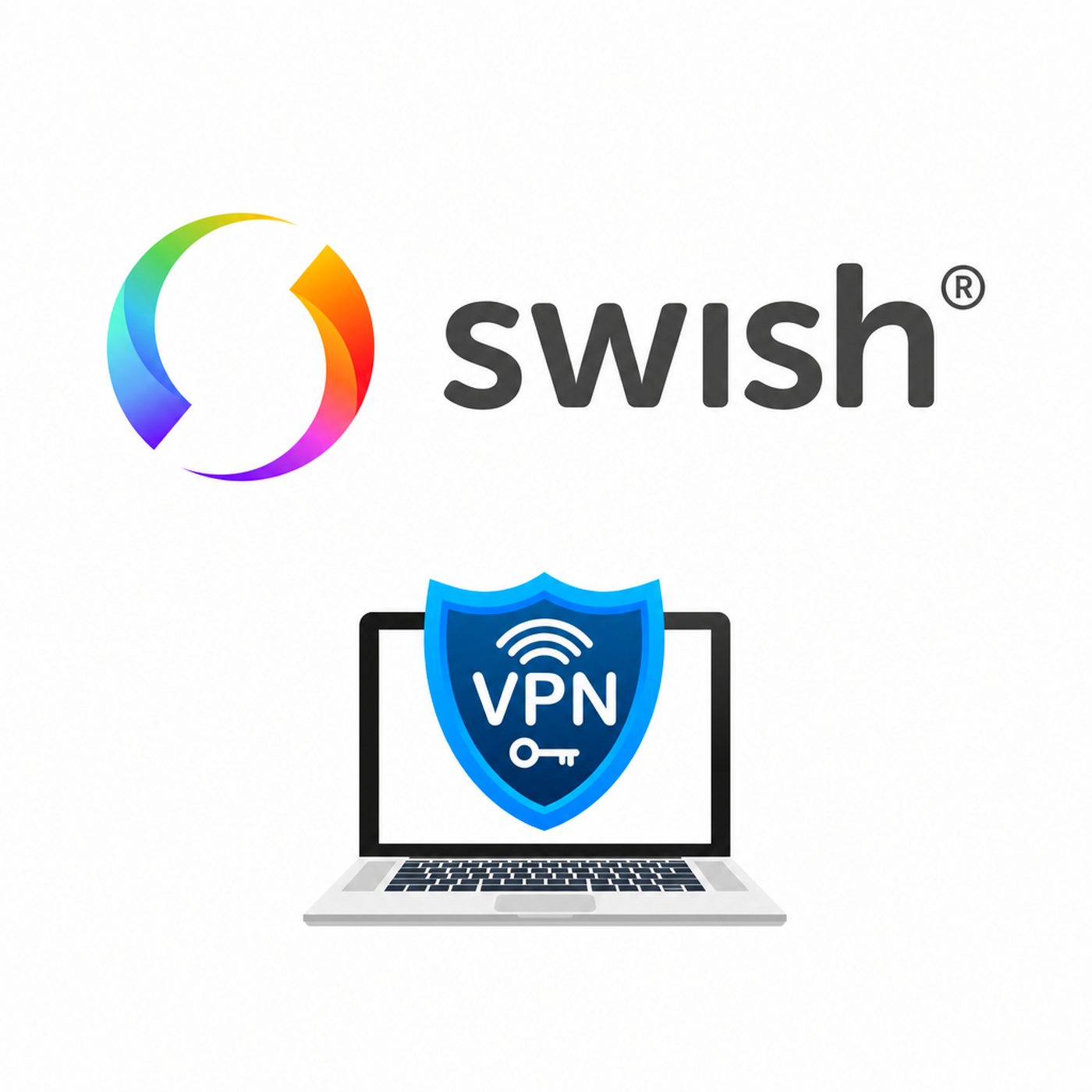Logotyp för Swish ovanför en bärbar dator med en blå VPN-sköld på skärmen