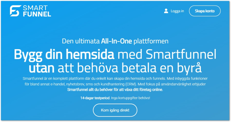 Marknadsföringsruta för webbverktyget Smartfunnel med text om att bygga hemsida och funnels