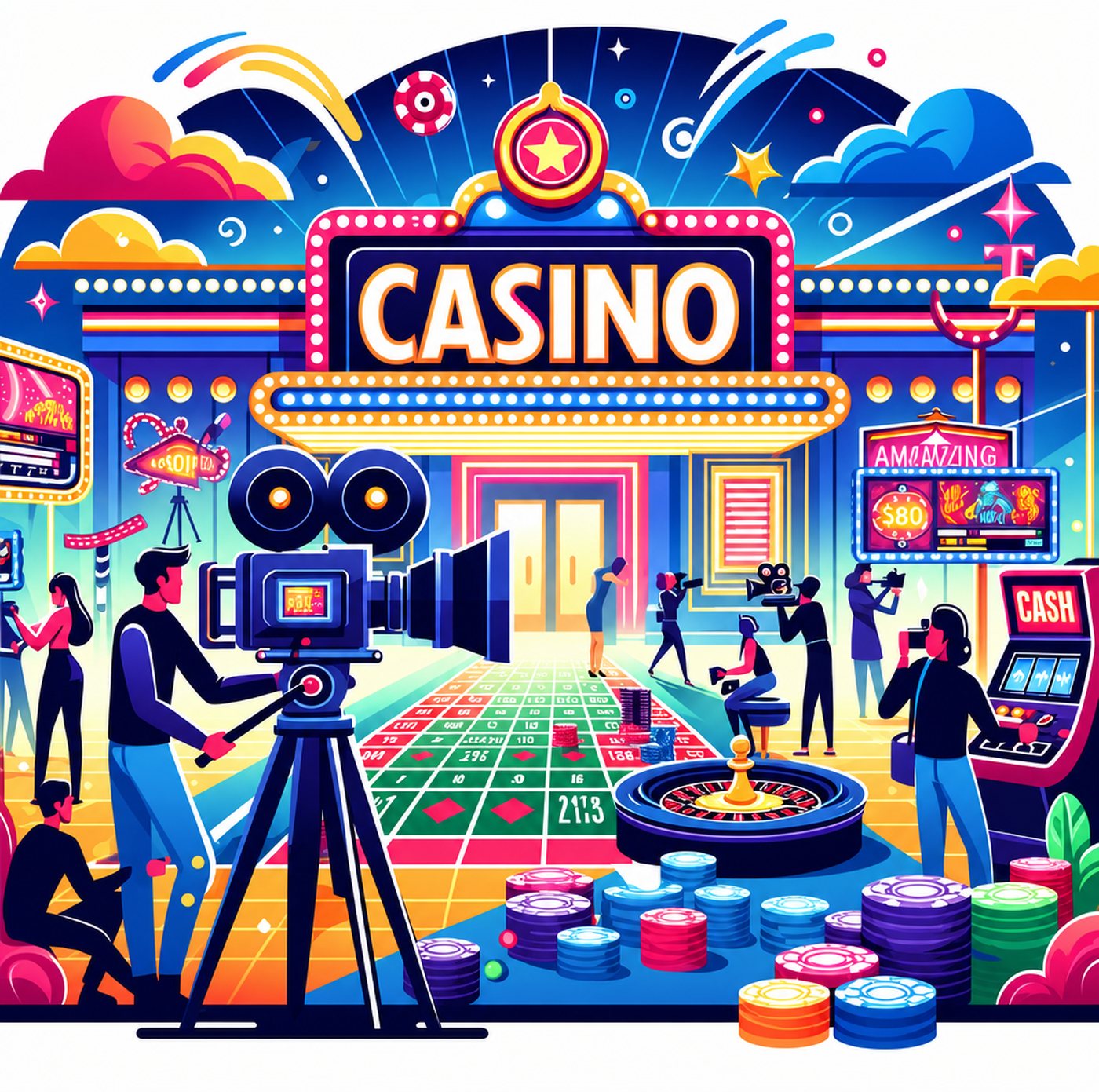 Färgglad illustration av en filmproduktion framför en kasinoentré med spelmarker och rouletthjul