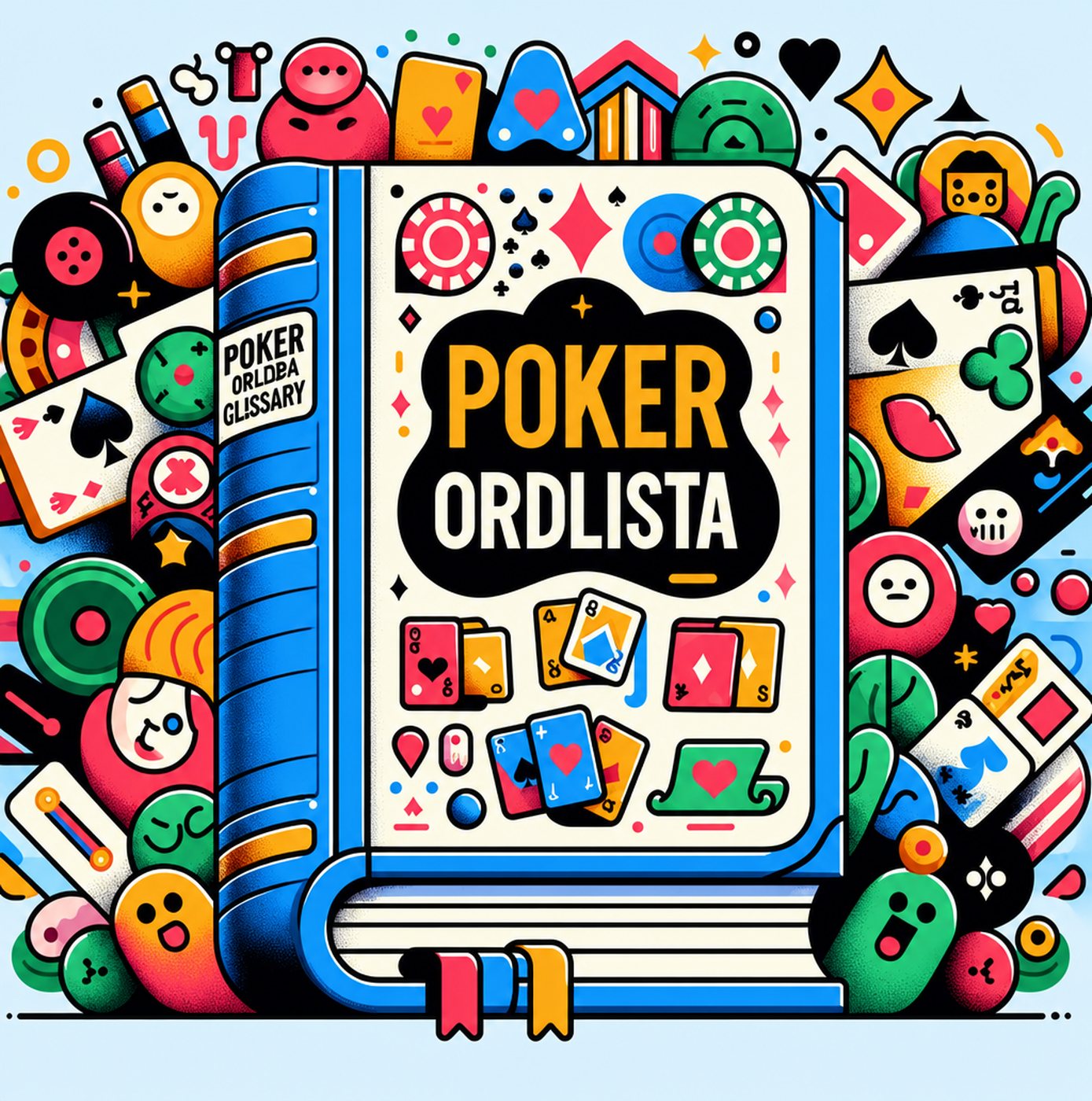 Färgglad illustration av en bok om poker med spelkort och marker runtomkring