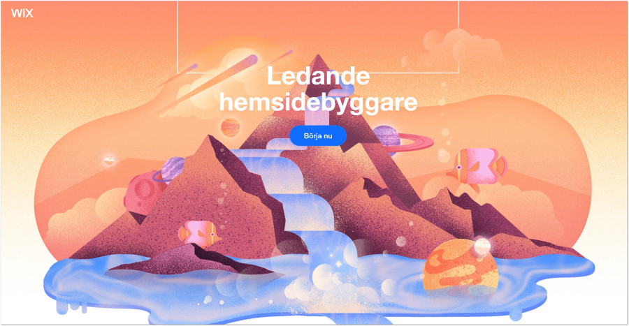 Grafisk illustration av ett drömskt landskap med berg, vattenfall och planeter i orangea nyanser