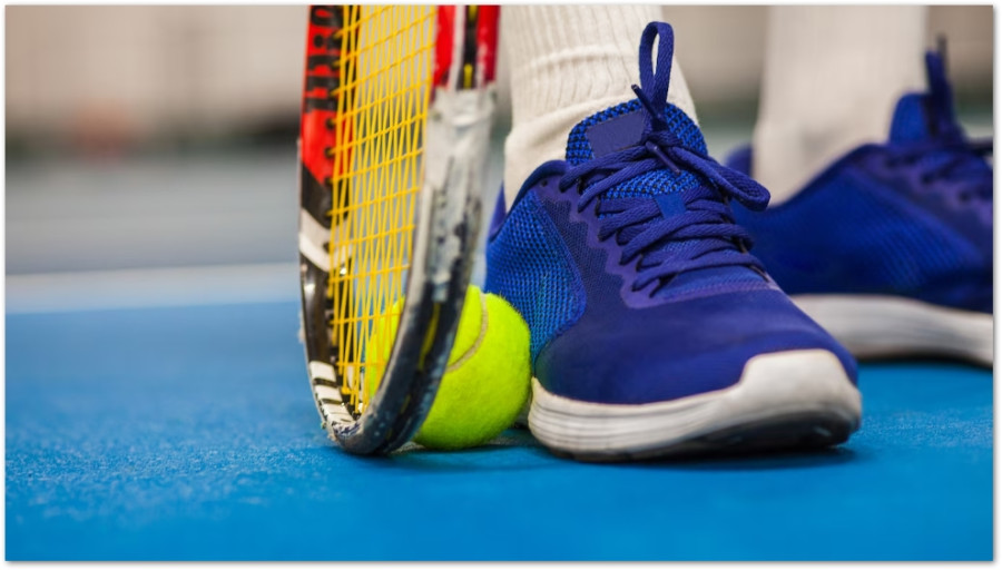 Närbild på blå träningsskor, tennisracket och tennisboll på en blå bana