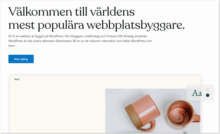 Skärmdump av WordPress webbsida med text och exempelbild på två muggar