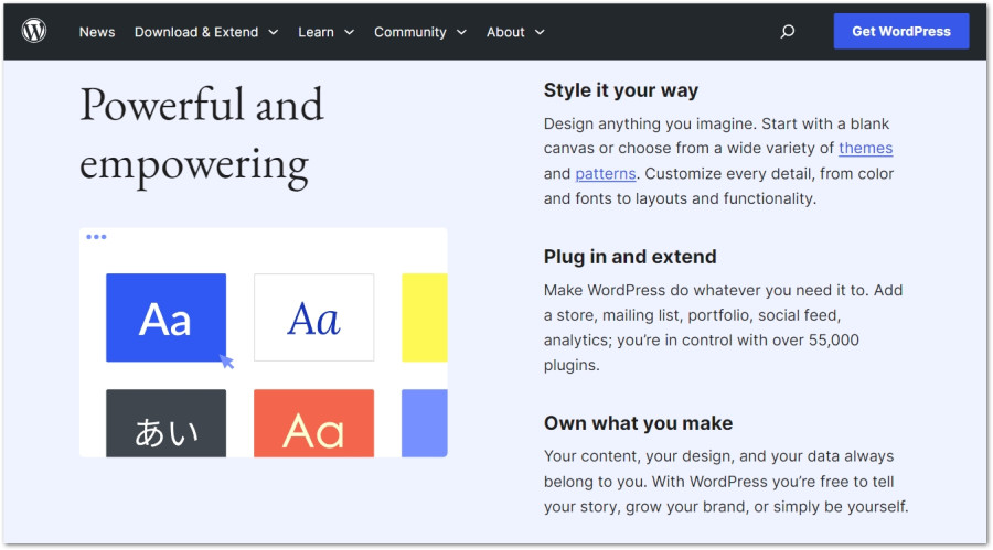 Skärmdump från WordPress.org som visar alternativ för att anpassa typsnitt och design