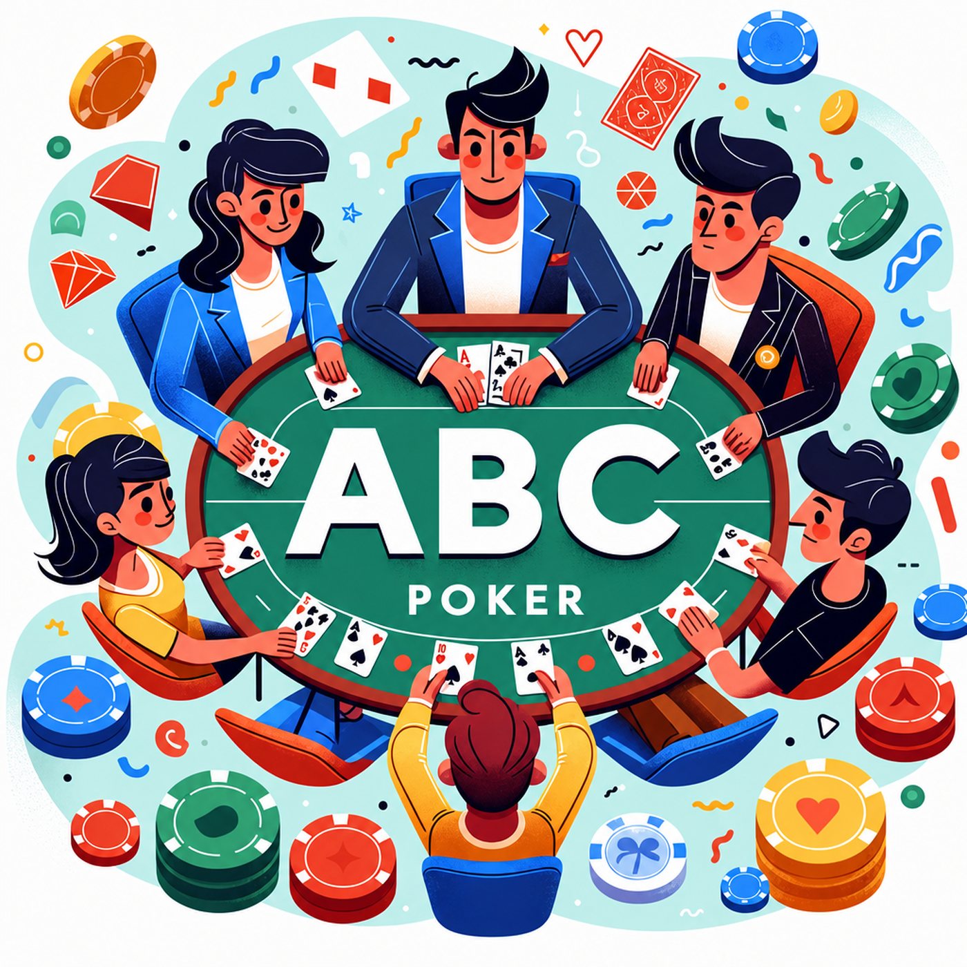 Illustration av fem personer som sitter runt ett pokerbord med texten ABC POKER