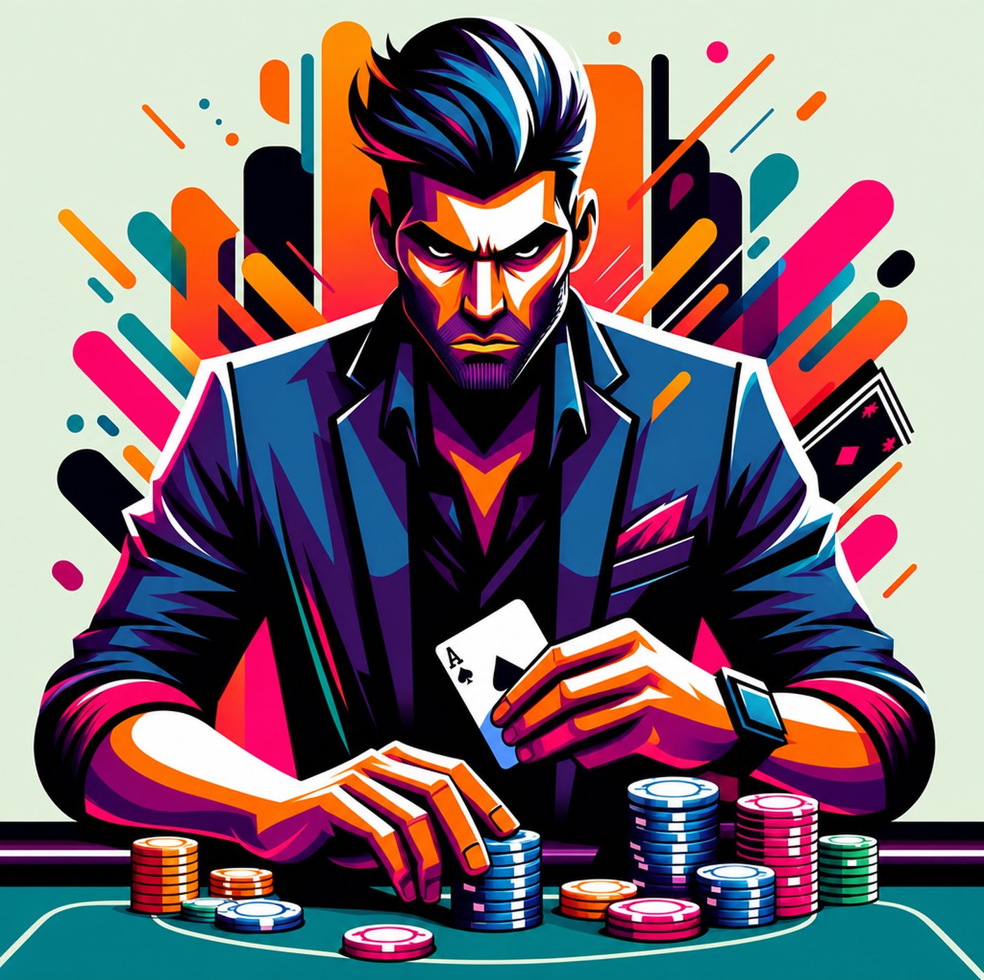 En fokuserad pokerspelare i kostym som satsar marker vid ett bord