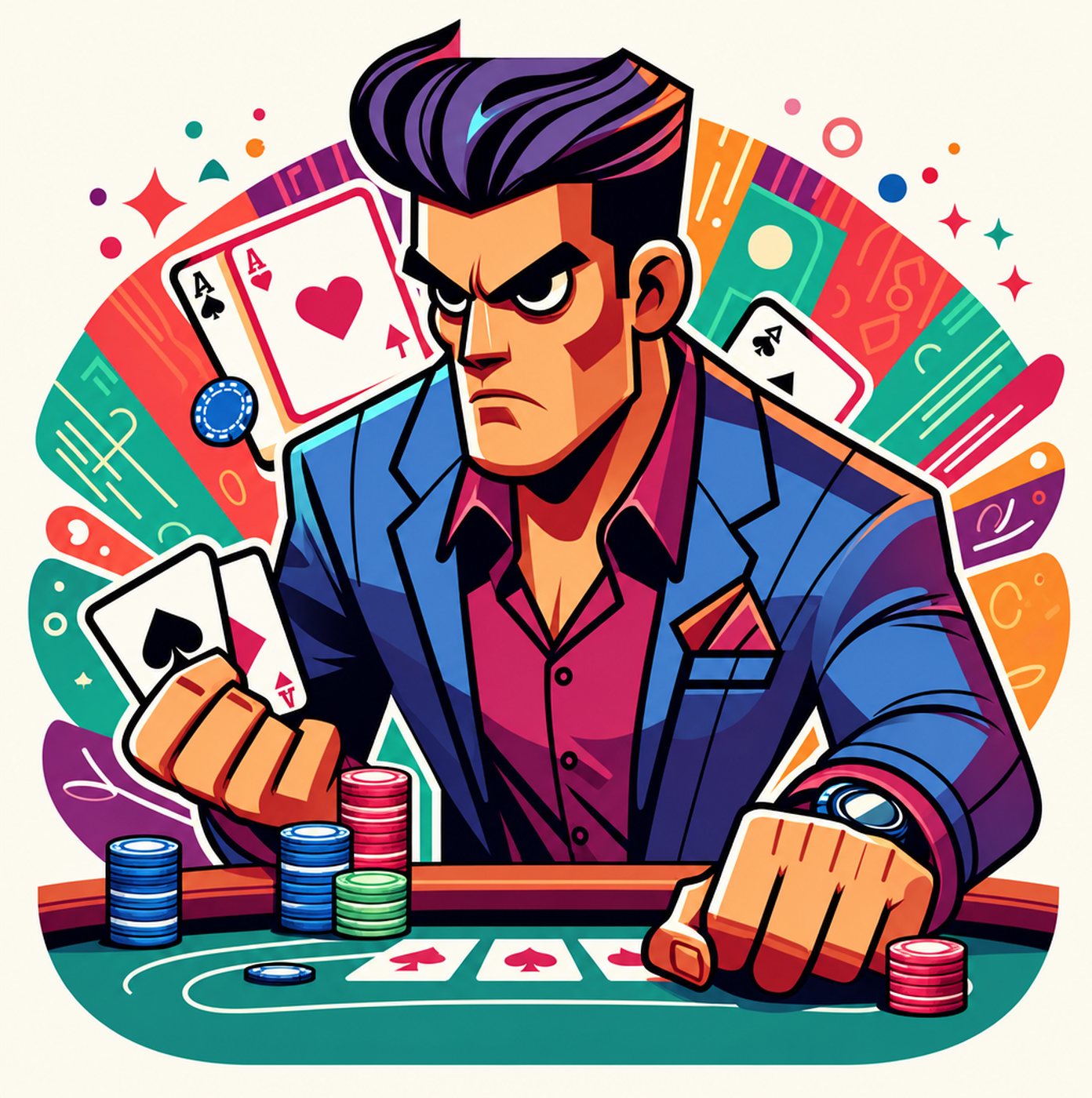Illustration av en aggressiv pokerspelare med spelkort och marker vid bordet