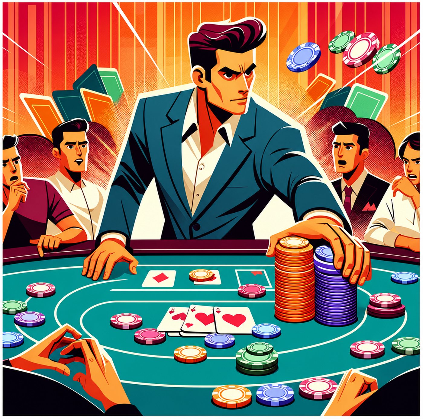 Man i kostym som satsar alla sina marker vid ett pokerbord