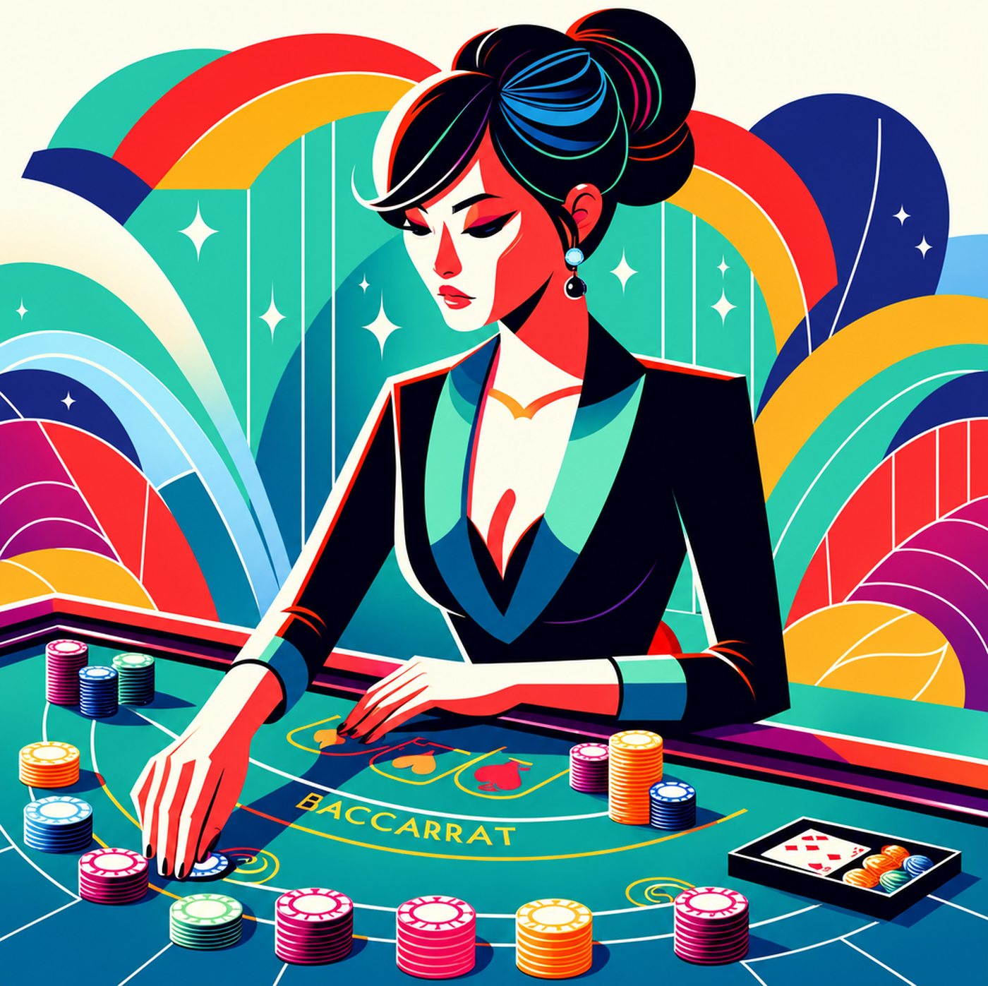 En elegant kvinna vid ett baccaratbord med färgglada spelmarker i en grafisk stil