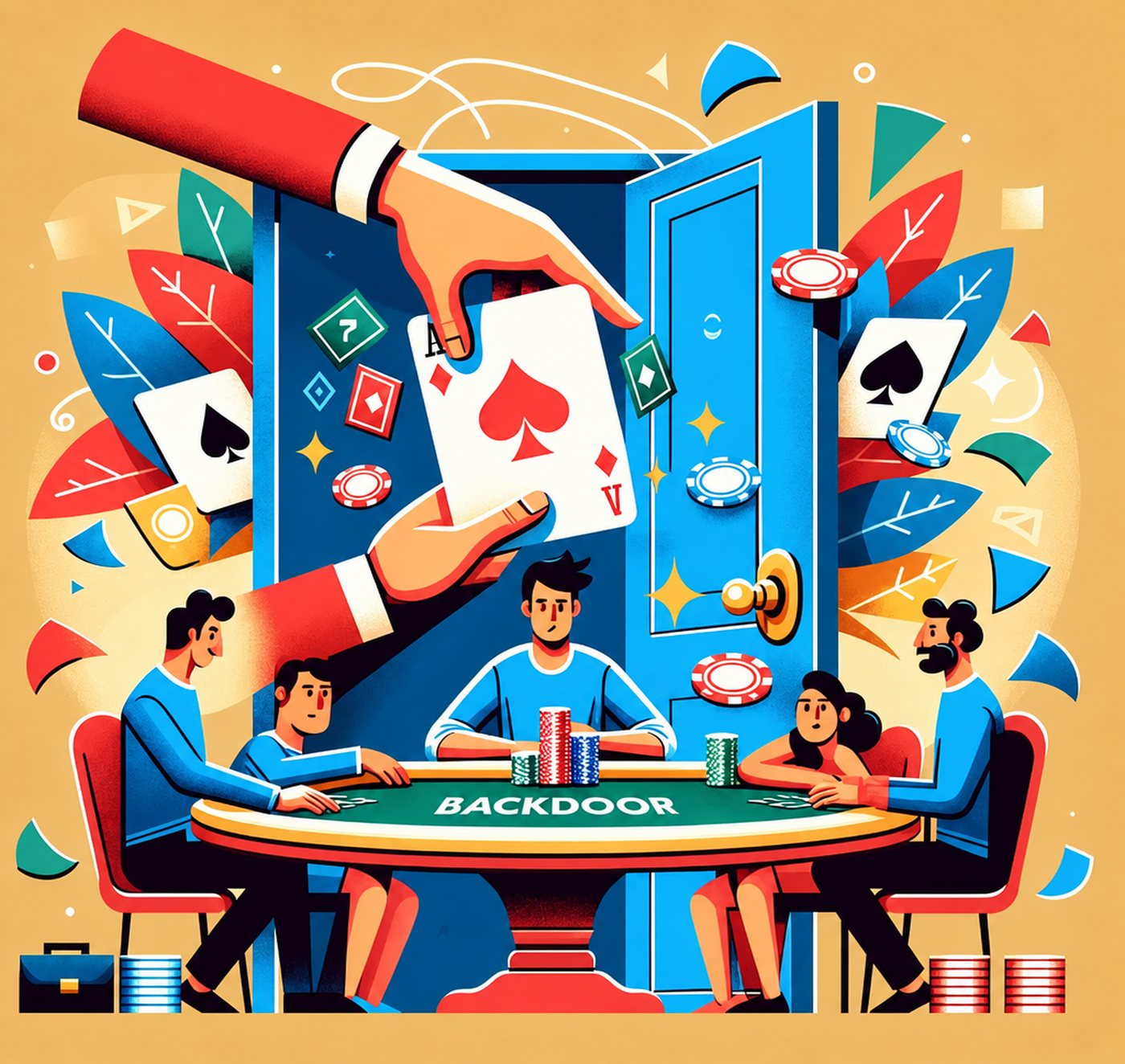 Illustration av fyra personer runt ett pokerbord med en jättehand som håller ett spelkort