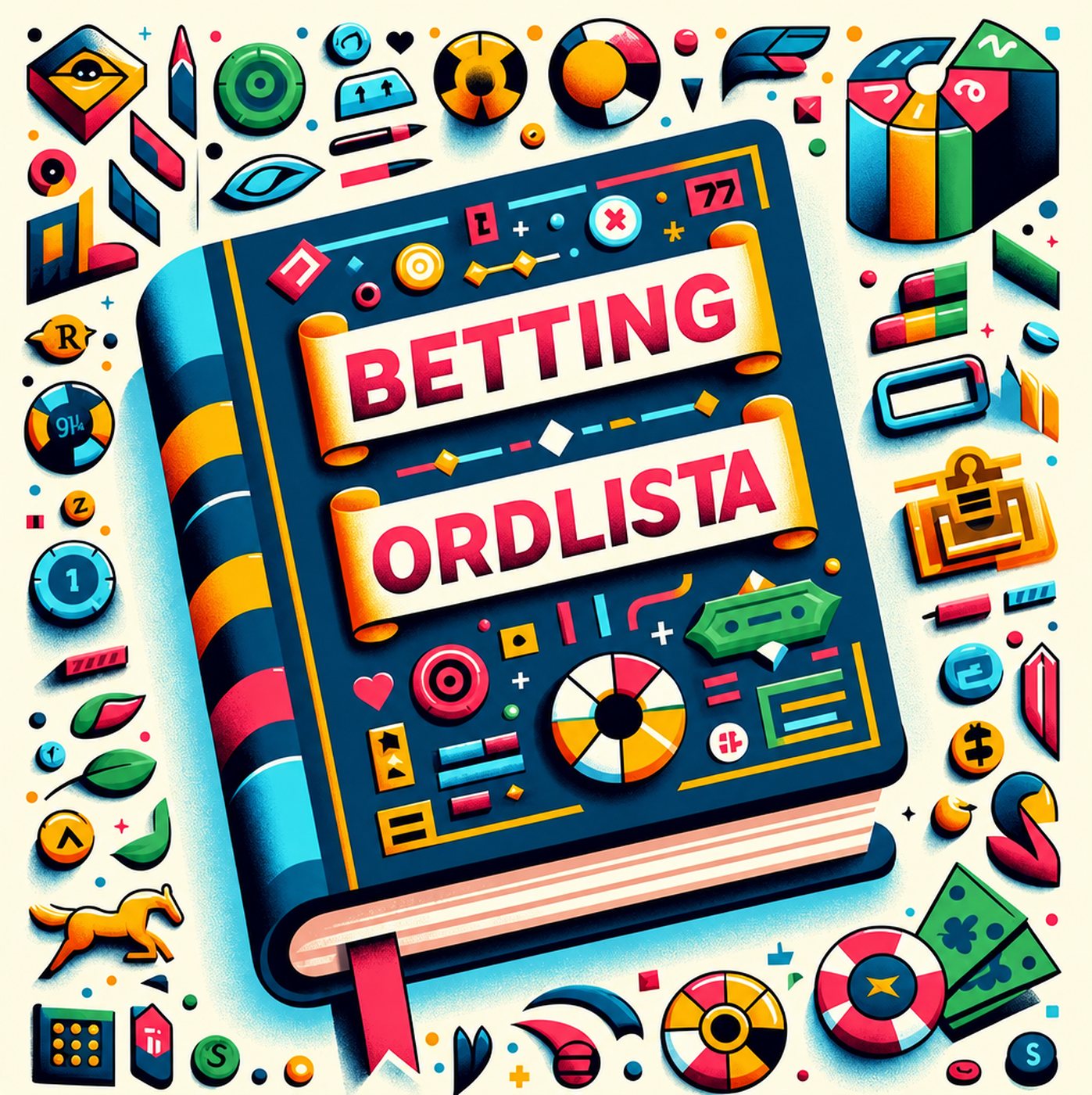 Illustration av en bok omgiven av färgglada symboler för spel och statistik