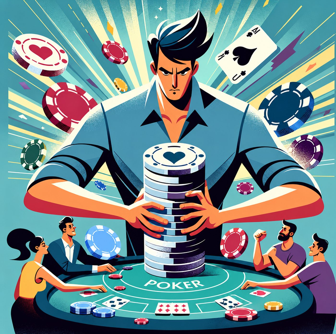 En fokuserad pokerspelare med en hög stapel av marker vid ett spelbord