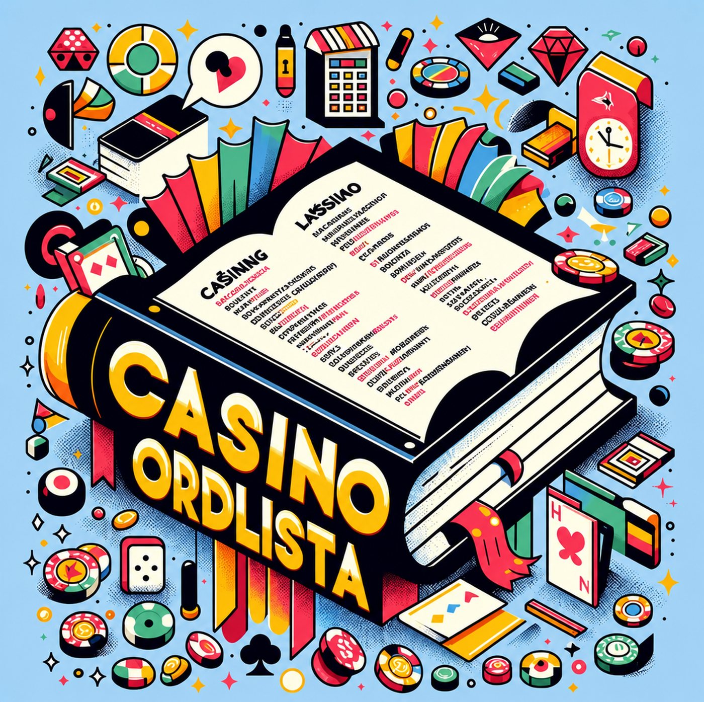 Illustration av en uppslagen bok med casinotema omgiven av spelmarker och spelkort