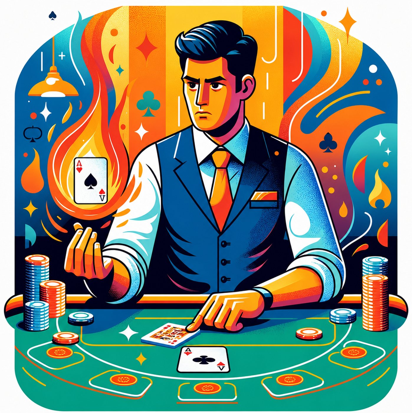 Illustration av en pokerdealer vid ett bord där ett spelkort brinner i luften