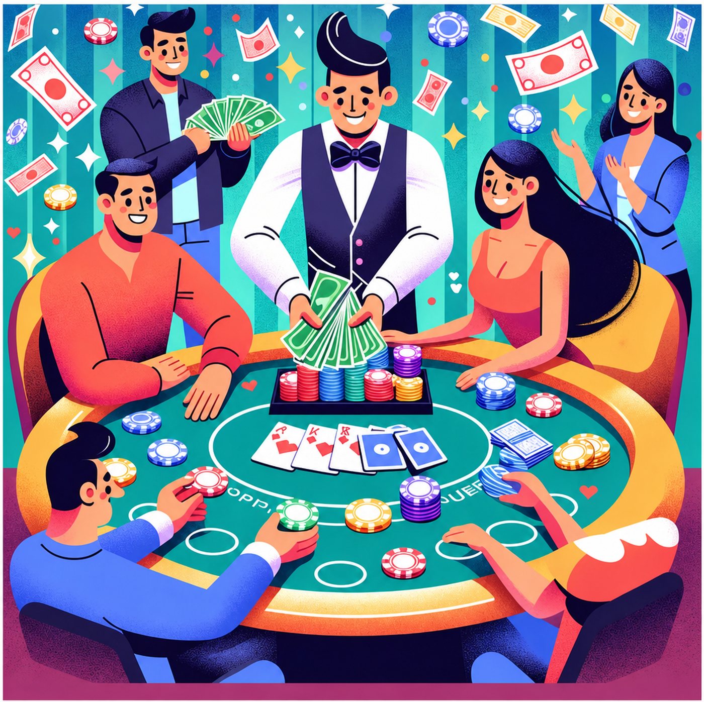 Illustration av en glad dealer som delar ut pengar vid ett pokerbord