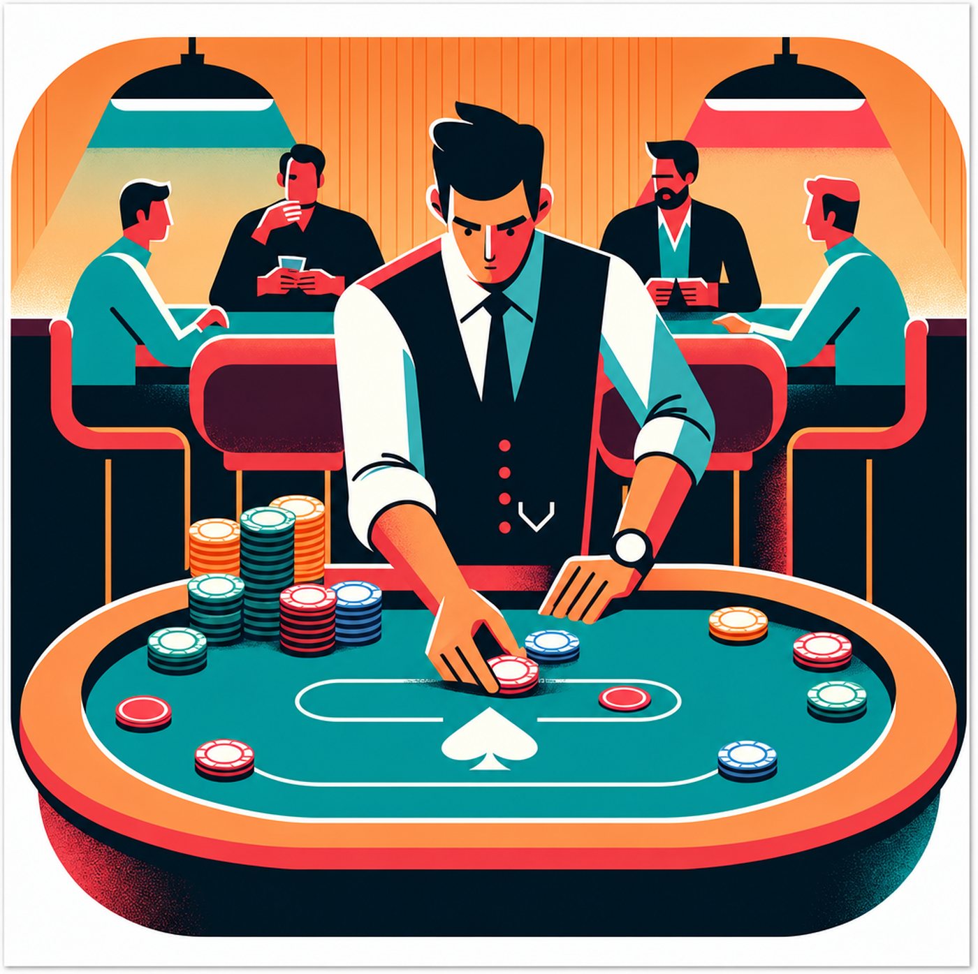 Dealer vid ett pokertbord som hanterar marker under en pågående spelomgång