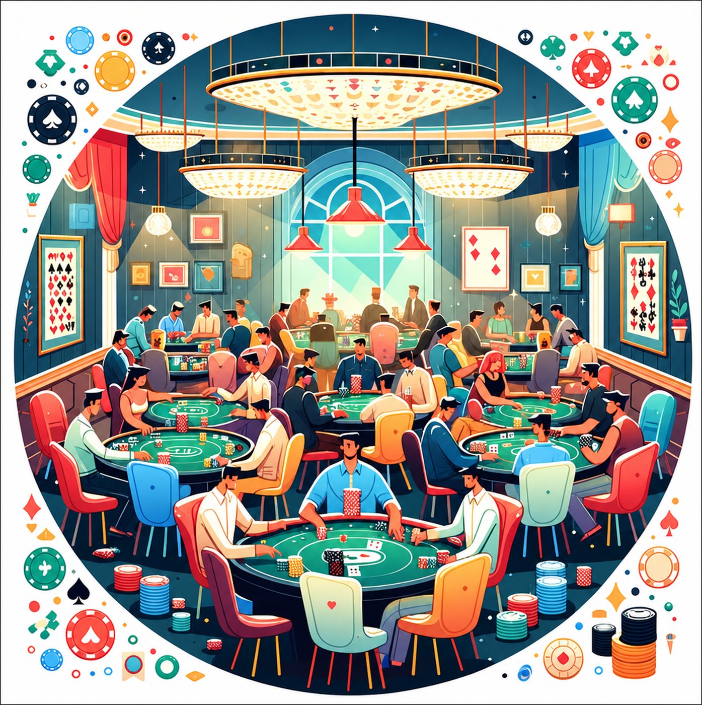 Illustration av ett livligt poker- och kortrum med människor vid gröna spelbord