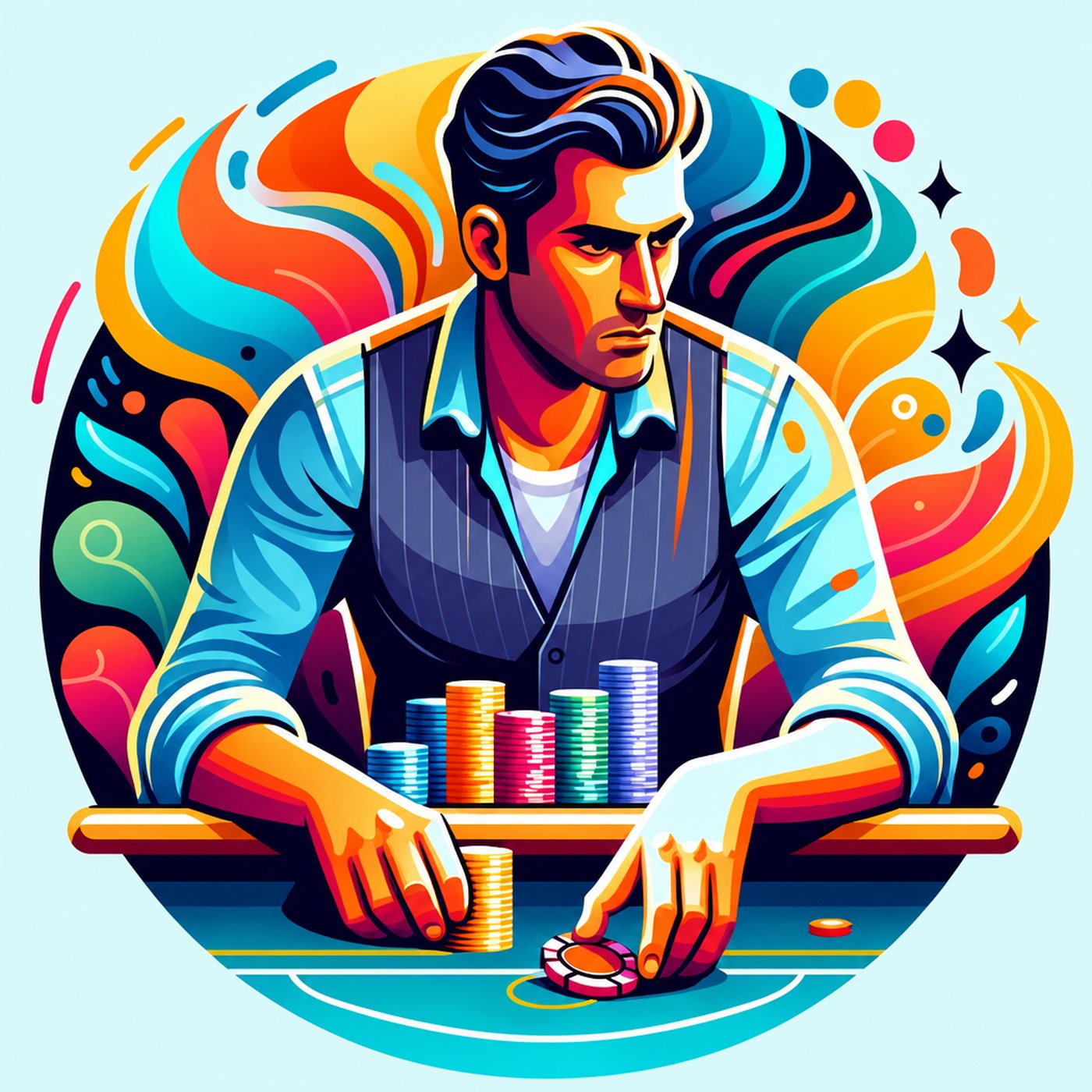 Färgglad illustration av en man som spelar poker vid ett bord