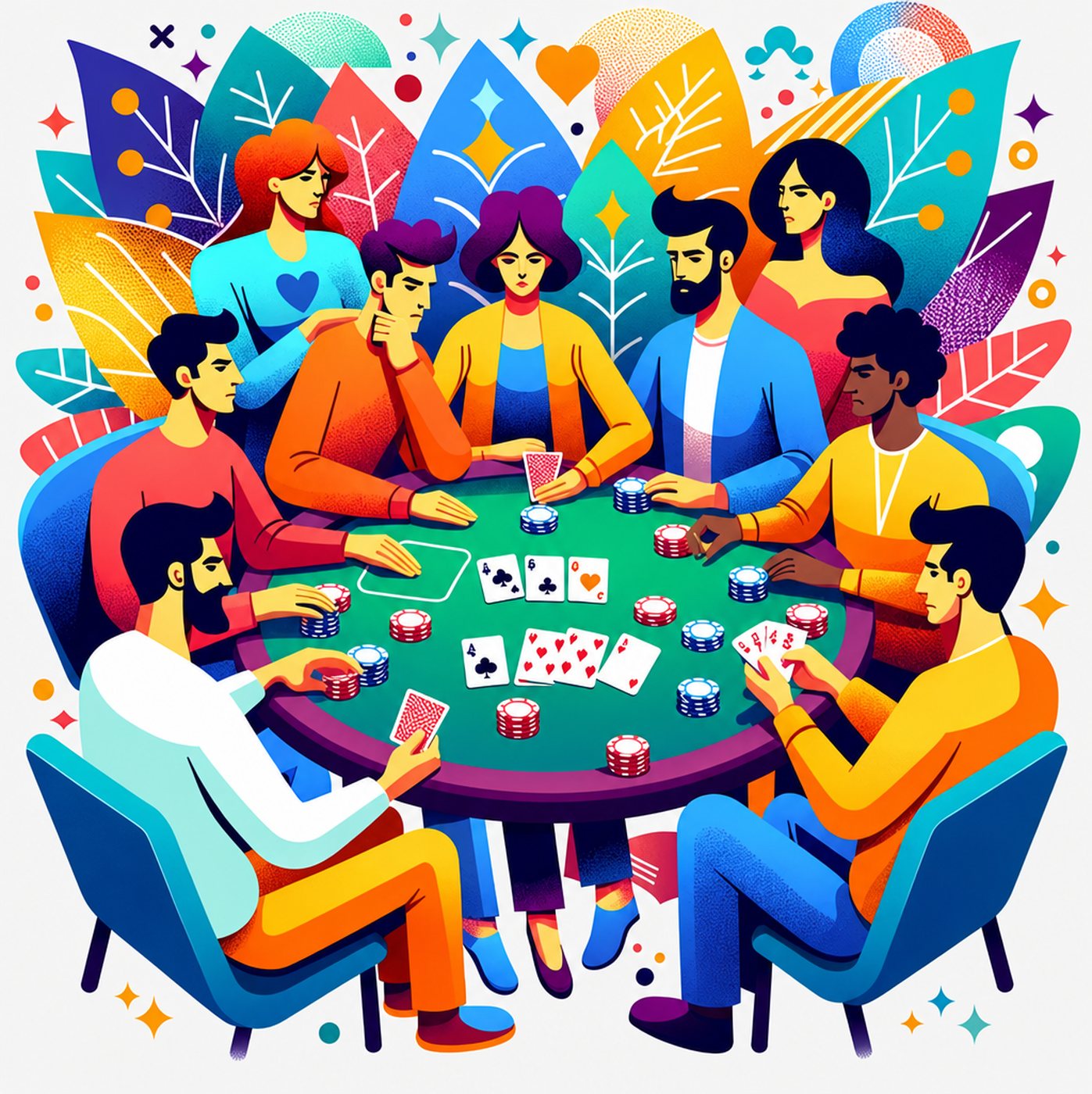 Färgglad illustration av en grupp människor som spelar poker vid ett runt bord