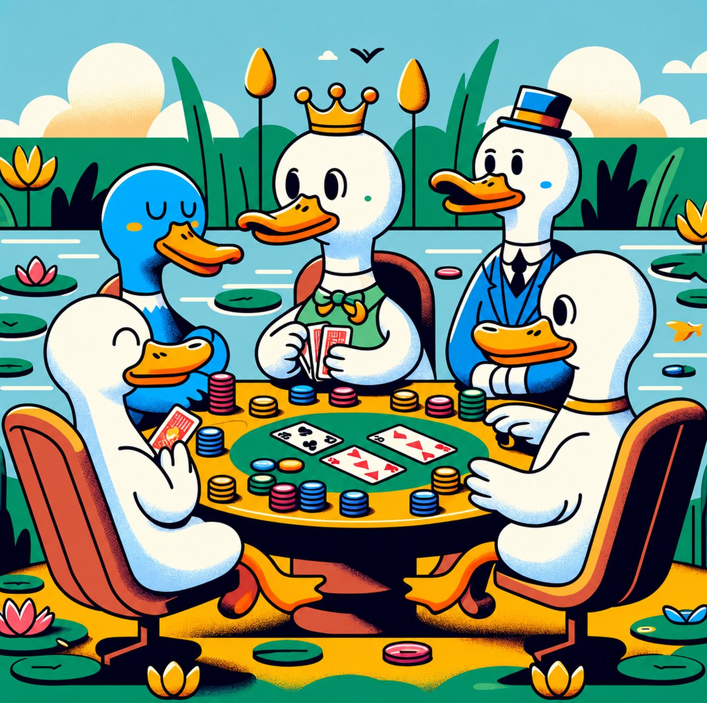 Fem animerade ankor som sitter runt ett pokerbord vid en damm