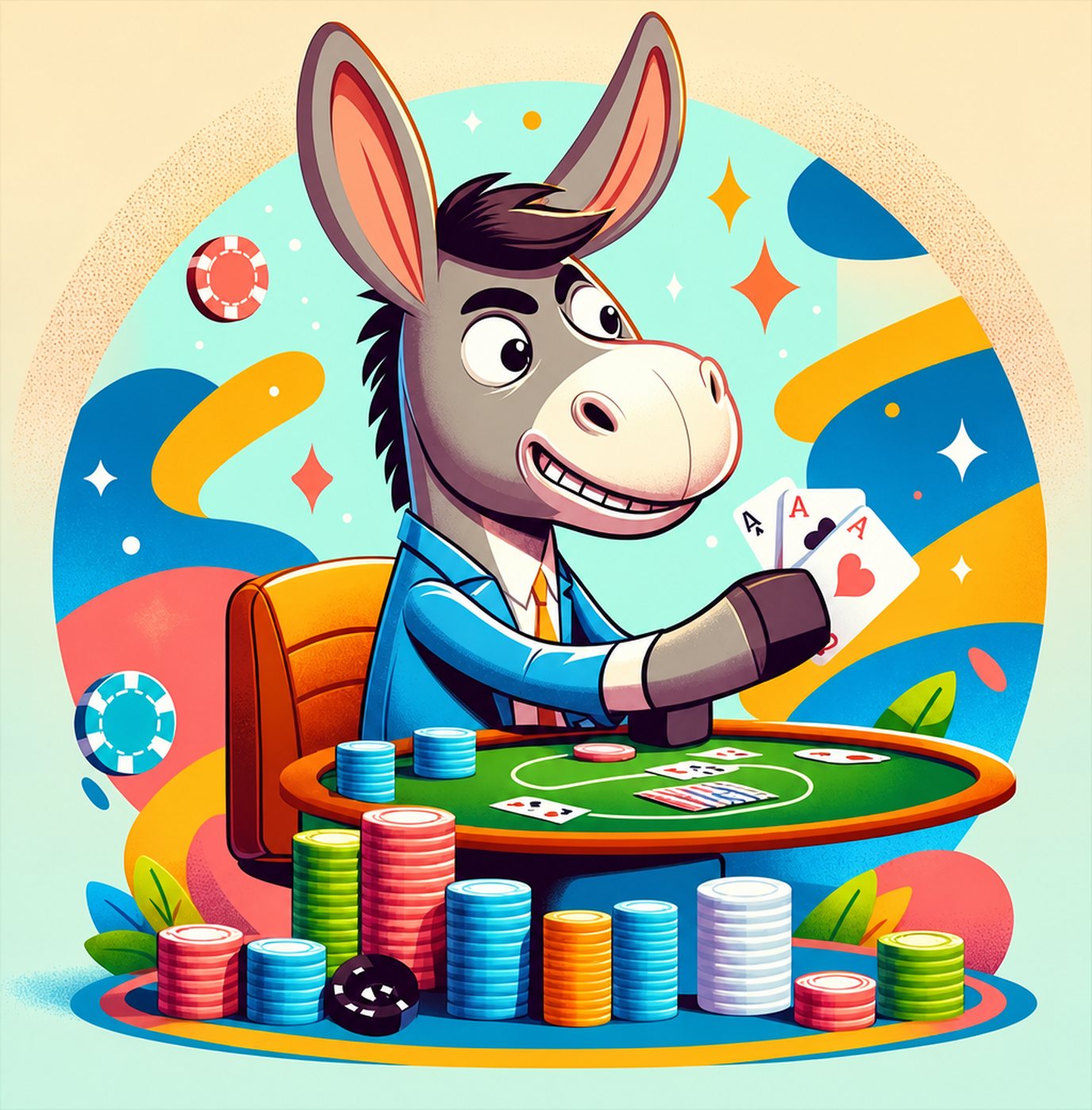 En tecknad åsna i kostym som spelar poker vid ett bord med marker