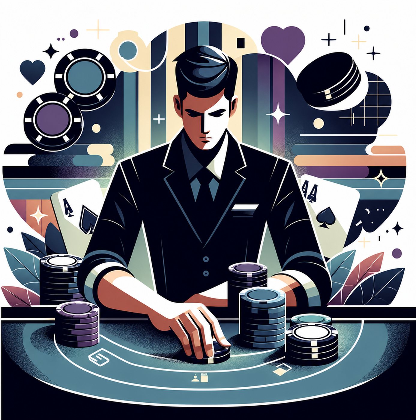 En elegant pokerspelare i kostym som placerar marker på ett spelbord