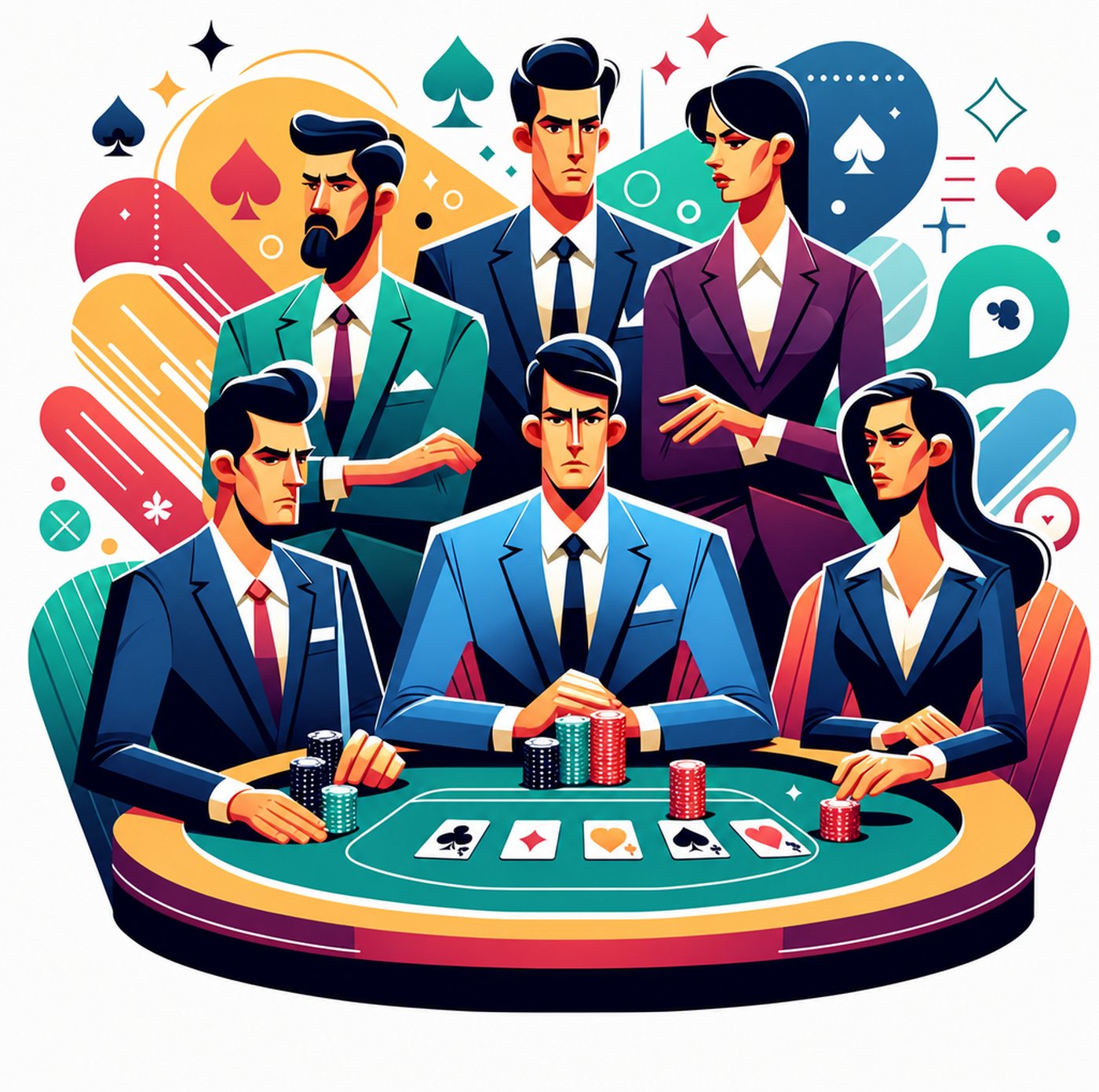 Illustration av fokuserade pokerspelare vid ett bord med marker och spelkort