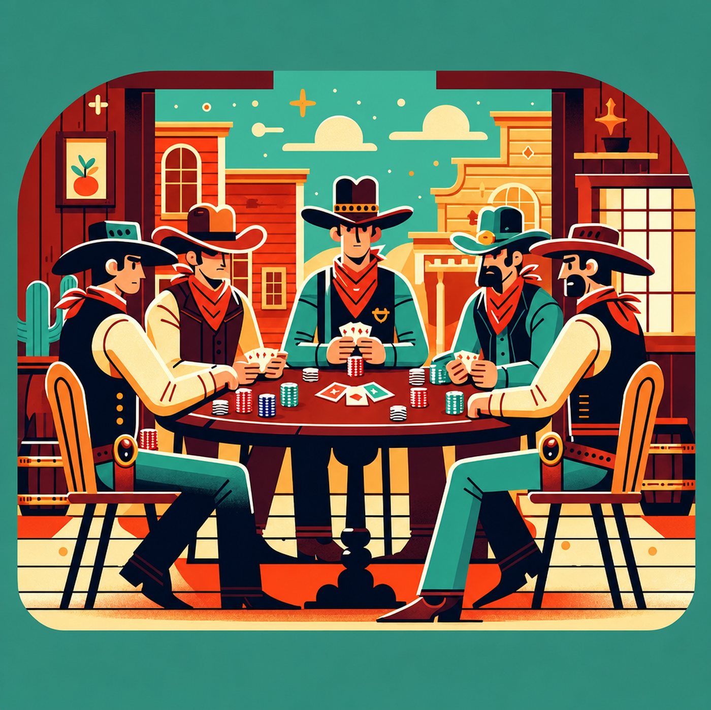 Fem cowboys sitter runt ett bord i en salong och spelar poker