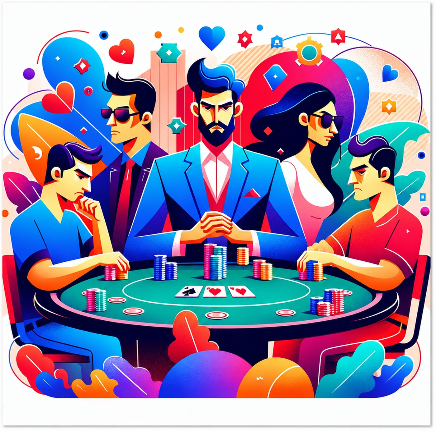 Färgglad illustration av pokerspelare som sitter vid ett bord med marker och kort