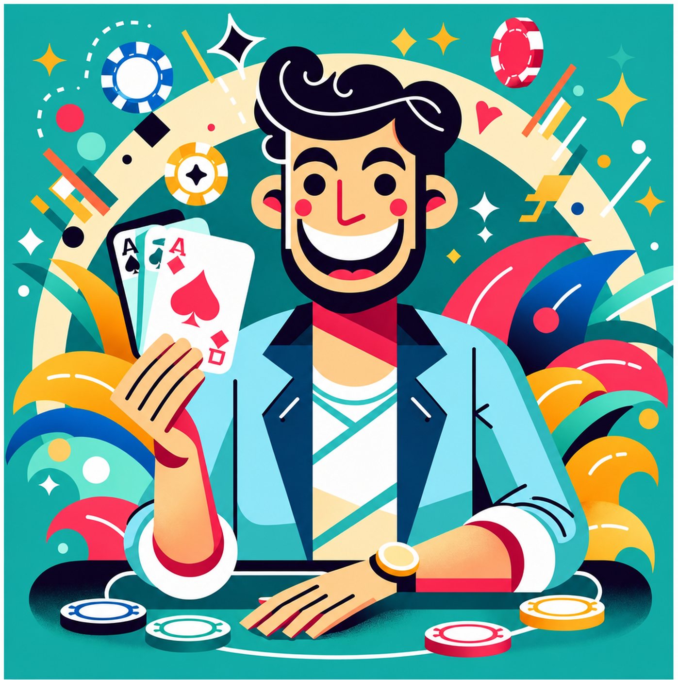 Glad man i färgstark illustration som håller upp vinnande pokerhand med spelmarker