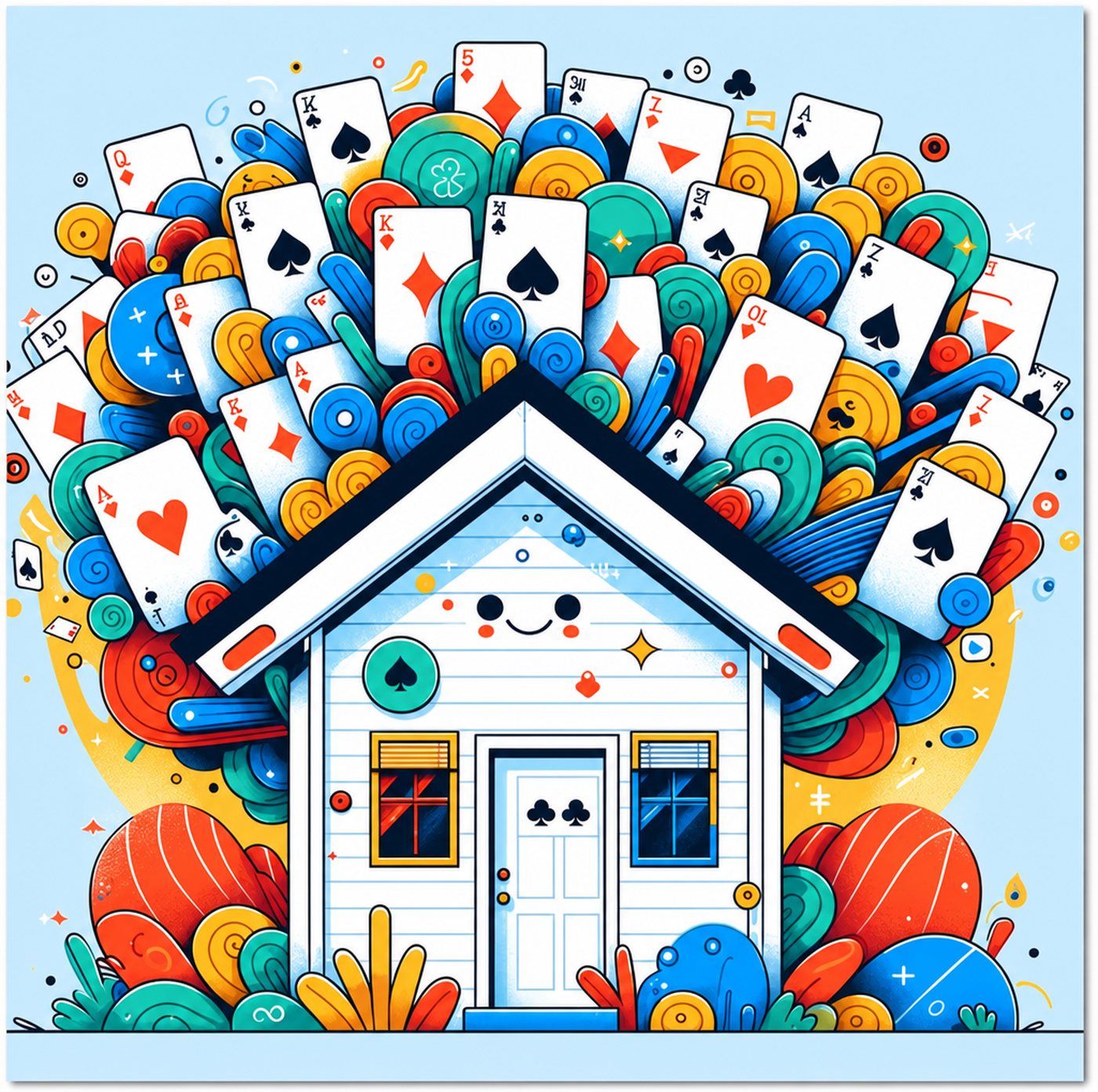 Illustration av ett hus med ett glatt ansikte omgivet av spelkort och pokermarker