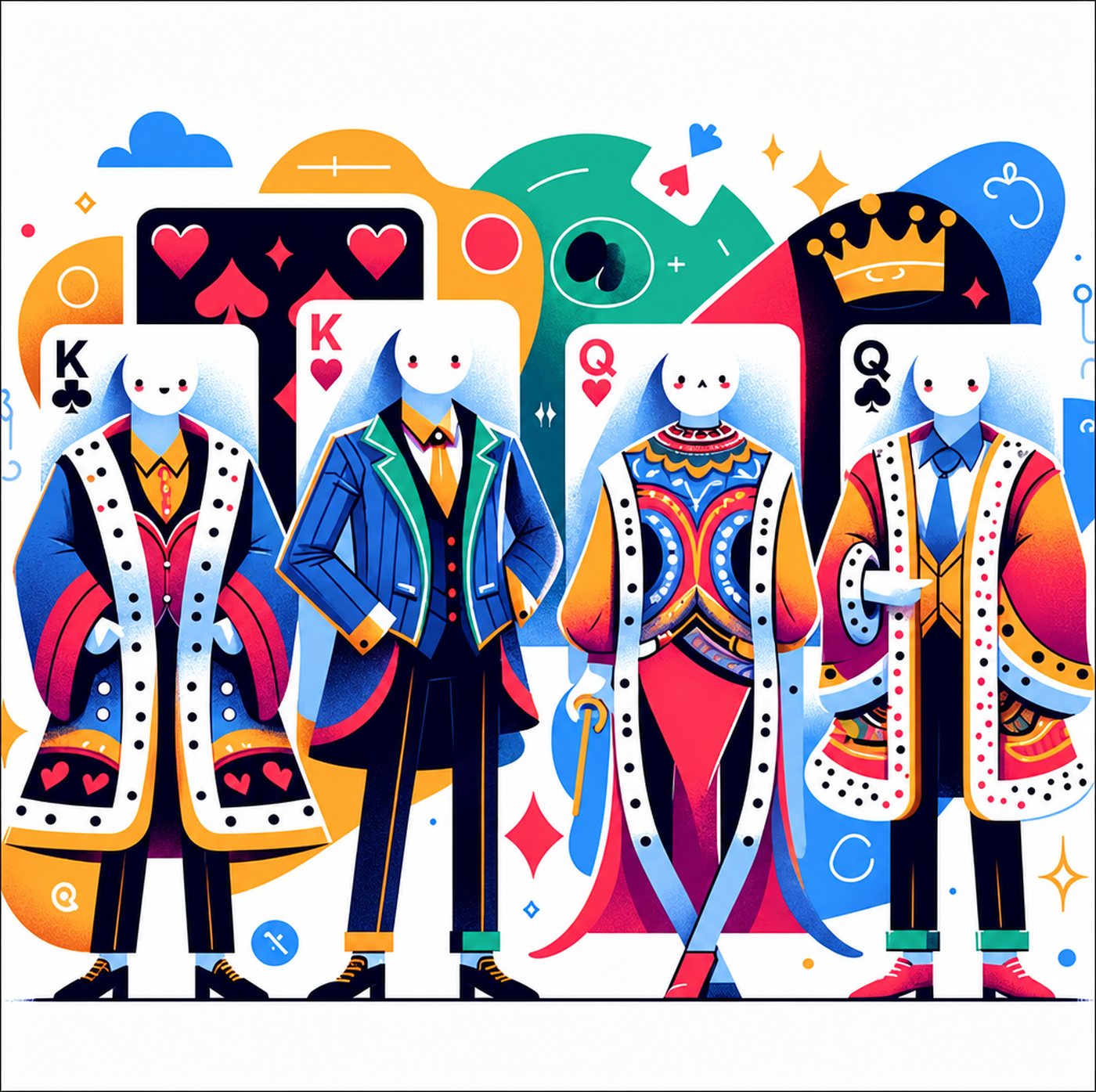 Illustration av kungar och damer i spelkortsstil med färgglada kläder