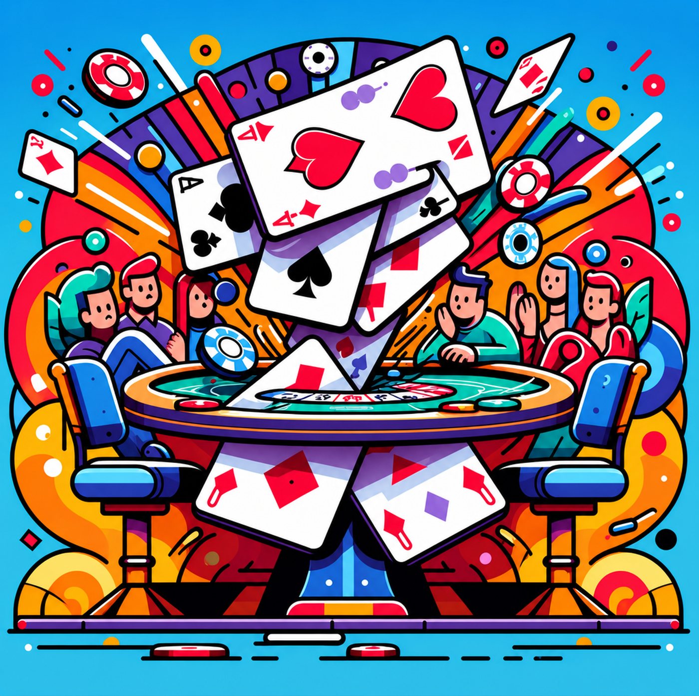 Färgglad illustration av spelare vid ett pokerbord med flygande spelkort och marker