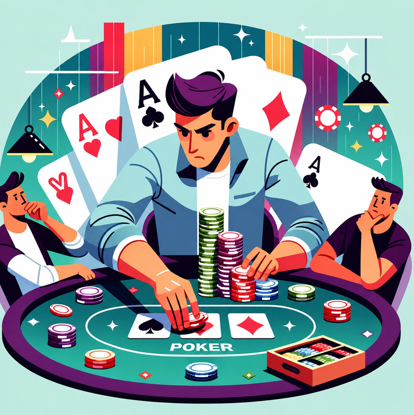Fokuserad pokerspelare satsar marker vid ett bord med ess i bakgrunden