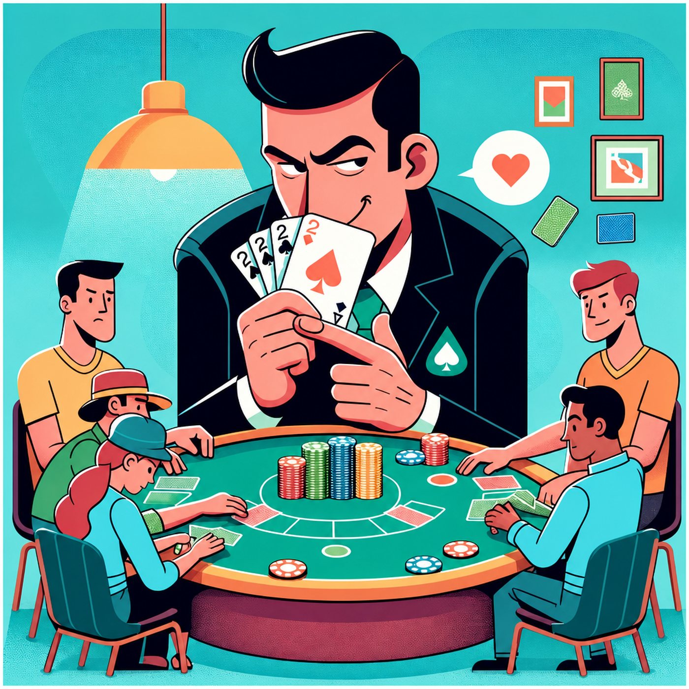 Illustration av en man i kostym som kikar på sina spelkort vid ett pokerbord